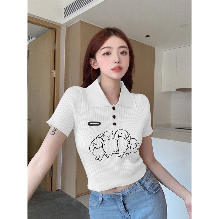 Porozi  Áo croptop  dệt kim tay ngắn cổ polo thêu họa tiết thời trang Hàn Quốc cho nữ