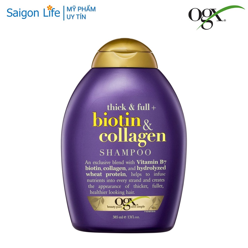 Dầu Gội Dưỡng Dày Tóc OGX Thick &amp; Full + Biotin &amp; Collagen Shampoo 385ml - Tím