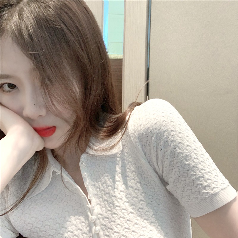 Áo thun polo ZHELIHANGFEI ngắn tay dáng ôm vải lụa lạnh đính nút ngọc trai thời trang cho nữ