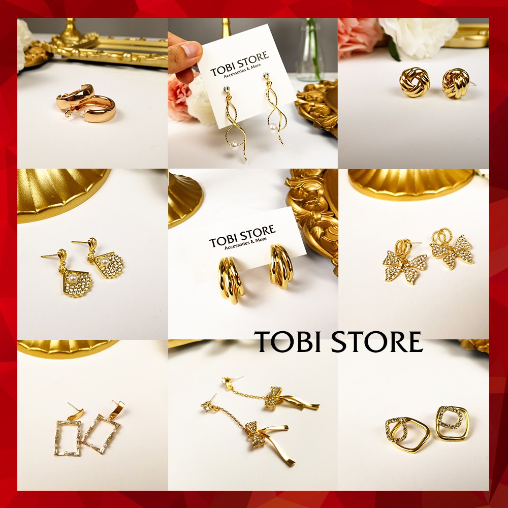 Bông tai nữ TOBI STORE nhiều kiểu dáng khuyên tai nữ dễ thương tròn, dài, mạ vàng xinh xắn