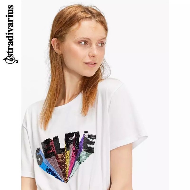 Áo thun tshirt đính sequin hiệu Stradivarius Auth 100%