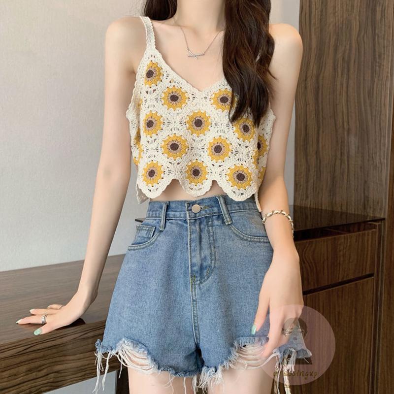 Dre-áo Dệt Kim Không Tay Cổ Chữ V Rỗng Họa Tiết Hoa Hướng Dương Mùa Hè Viền Gợn Sóng Cho Nữ