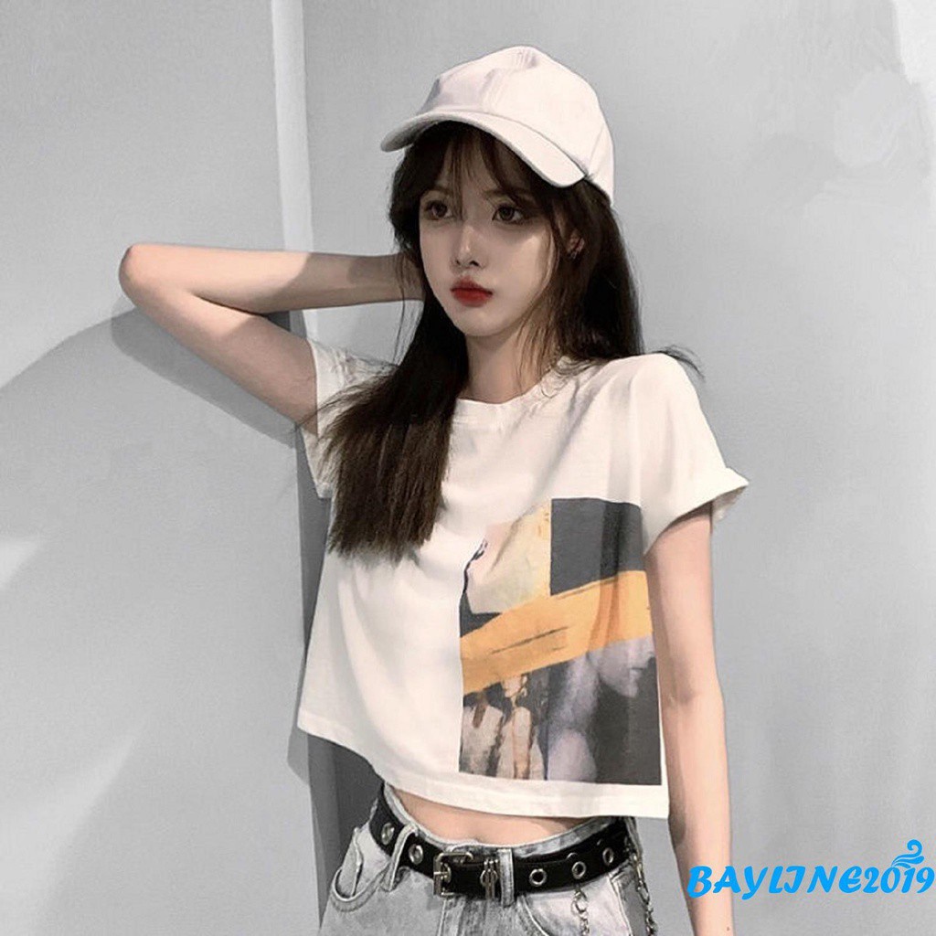 Áo Thun Lửng Tay Ngắn In Hình Trẻ Trung Cho Nữ