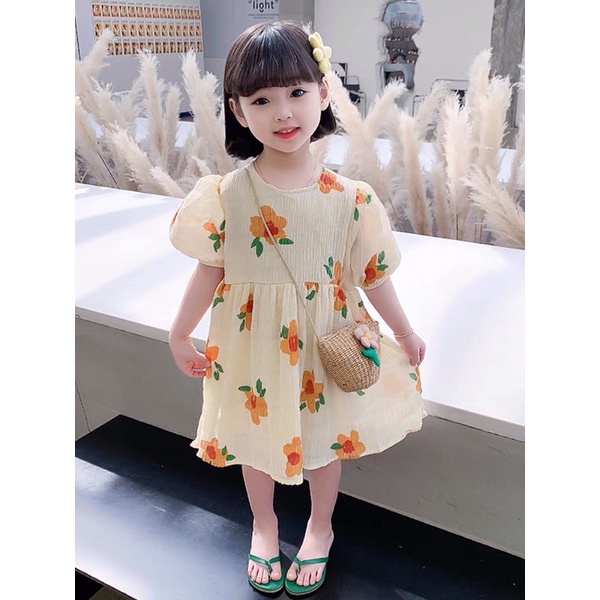Váy Hoa Cam Tay Bồng Chất Đũi Xốp Mềm Mịn Cho Bé Gái - Umee kids