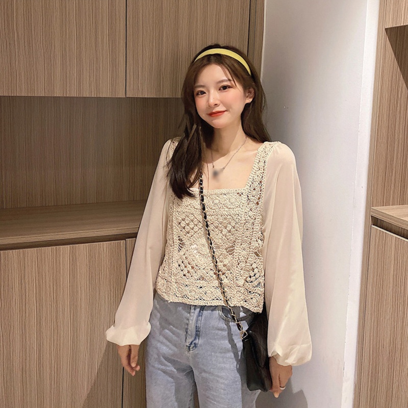 Brroa Áo Sweater Dệt Kim Dáng Rộng Tay Phồng Dài Cổ Vuông Phối Ren Hình Học Ghép Nối Cho Nữ