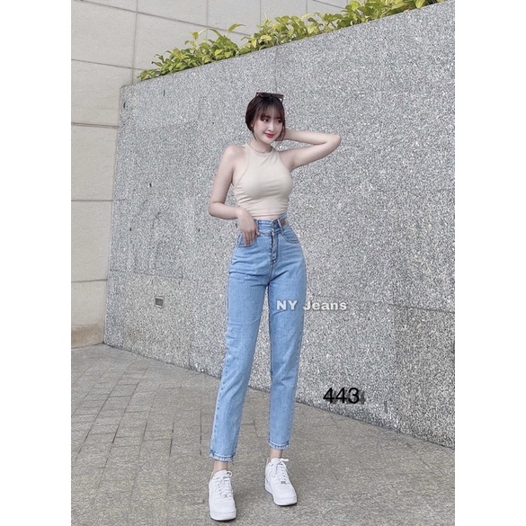 Quần baggy jean nữ màu xanh nhạt cạp cao 2 nút Ms 443