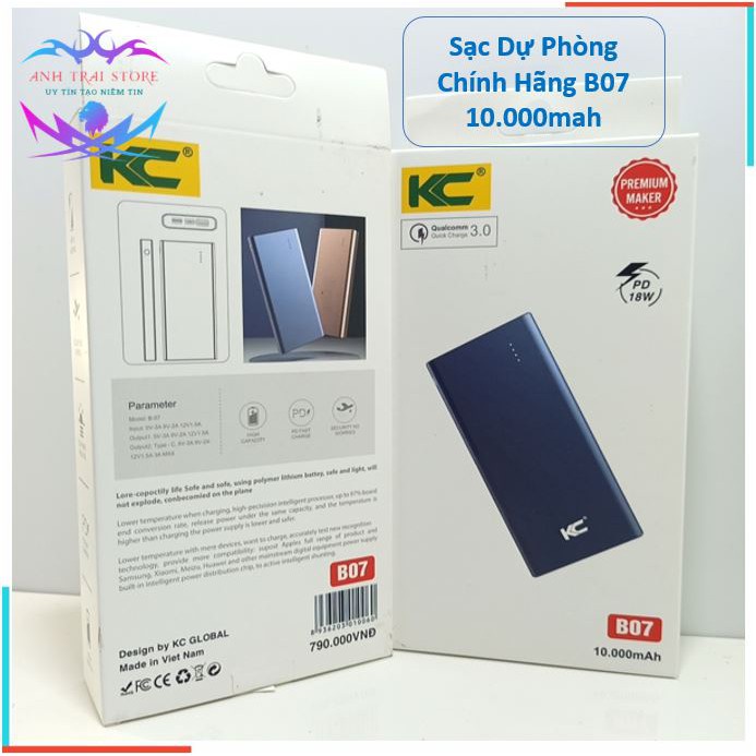 Pin sạc dự phòng 10000 mAh B07 KC chính hãng, hỗ trợ sạc nhanh bảo hành 3 tháng