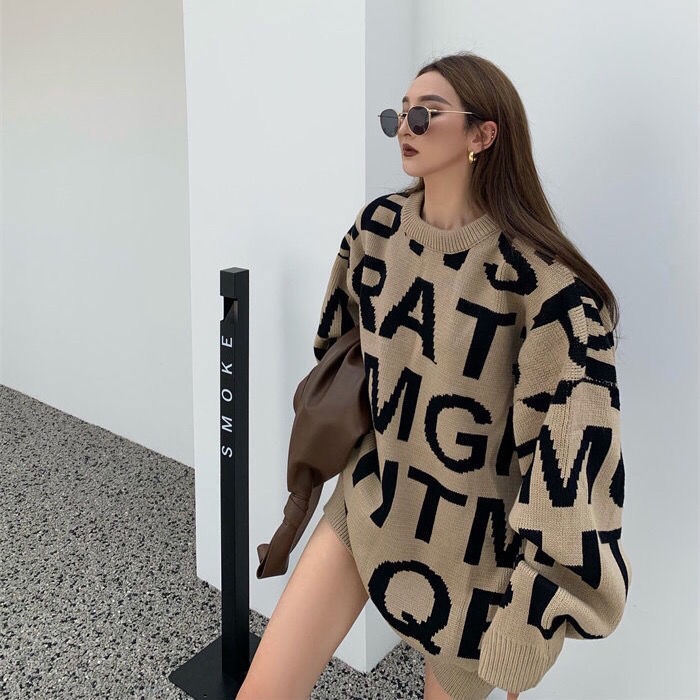 Yong lazy wind autumn winter new letter sweater women loose wear versatile round neck Pullover Sweater Coat fashion
