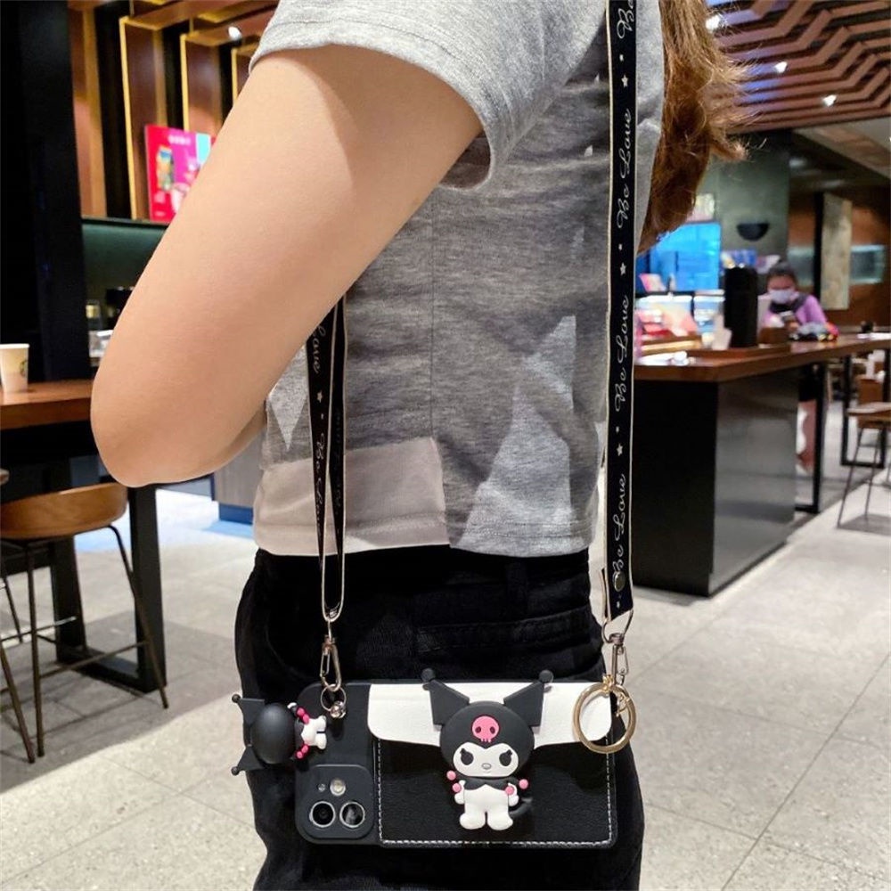 Ốp Điện Thoại Màu Đen Nhám Hình Kuromi Nhật Bản Có Ngăn Đựng Thẻ + Dây Đeo + Giá Đỡ Cho iPhone 7 Trong 1 14 13 12 11 Pro Max mini X XS XR 8 7 6 6s Plus
