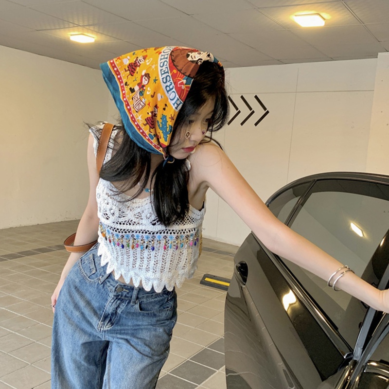 Áo Croptop Dệt Kim Không Tay Đính Hạt Phối Tua Rua Thời Trang Đi Biển Cho Nữ