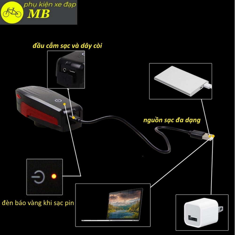 Đèn xe đạp có còi siêu sáng cảm ứng đèn led xe đạp thể thao 2in1 sạc USB AS0909