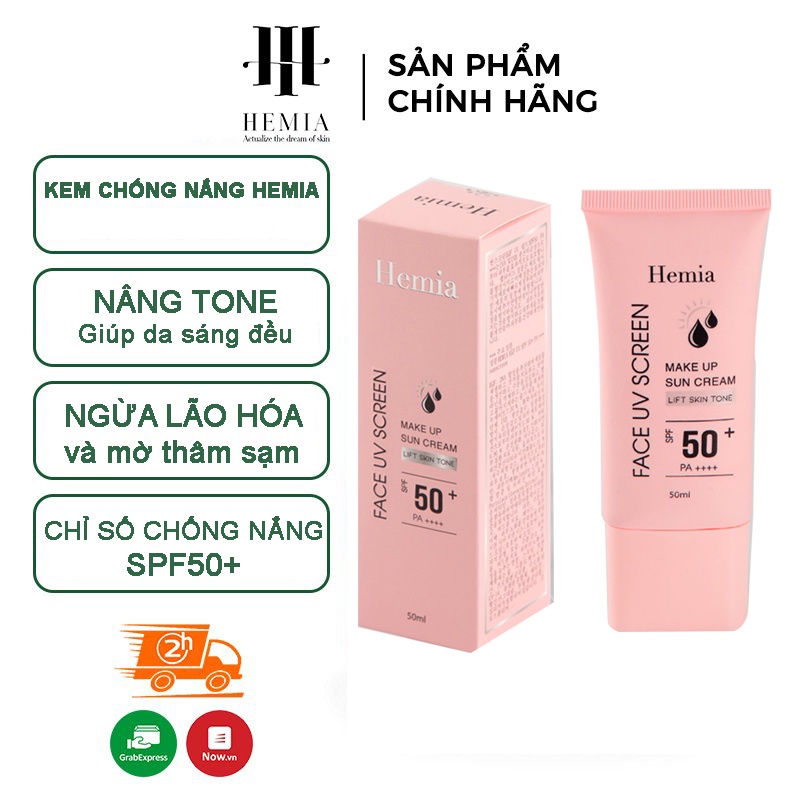 Kem chống nắng HEMIA 50ml dưỡng trắng nâng tone SPF50+  tự nhiên, Thấm mướt nhanh, mịn màng chính hãng Hàn Quốc