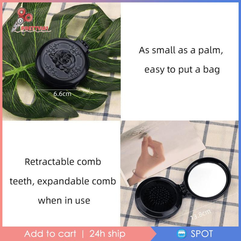 Lược Chải Tóc Kèm Gương Tròn Màu Đen Chống Tĩnh Điện Prettyia1