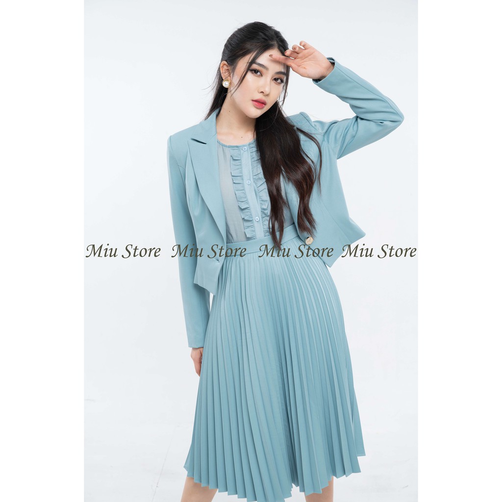 Set bộ vest nữ thiết kế công sở kèm chân váy dập ly xanh AVJ00013 | BigBuy360 - bigbuy360.vn