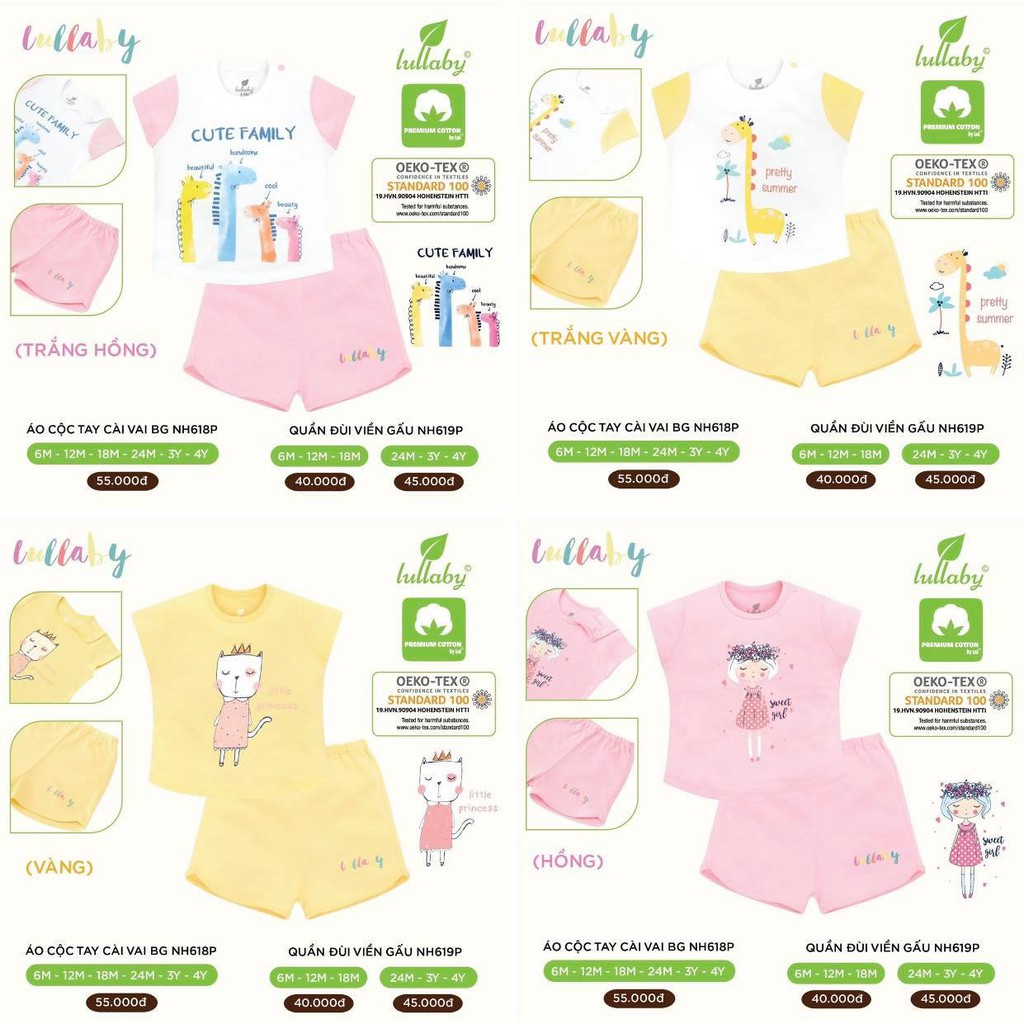 [Mã FAMAYFA2 giảm 10K đơn 50K] Bộ cộc tay cài vai bé gái Lullaby [NH618P-NH619P] (Sz 6m-4y)