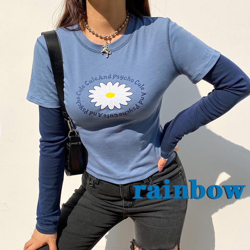 RAINBOW-Women Casual Long Sleeve T-shirt, Blue Round Collar Letters and Floral Printed Pattern Tops