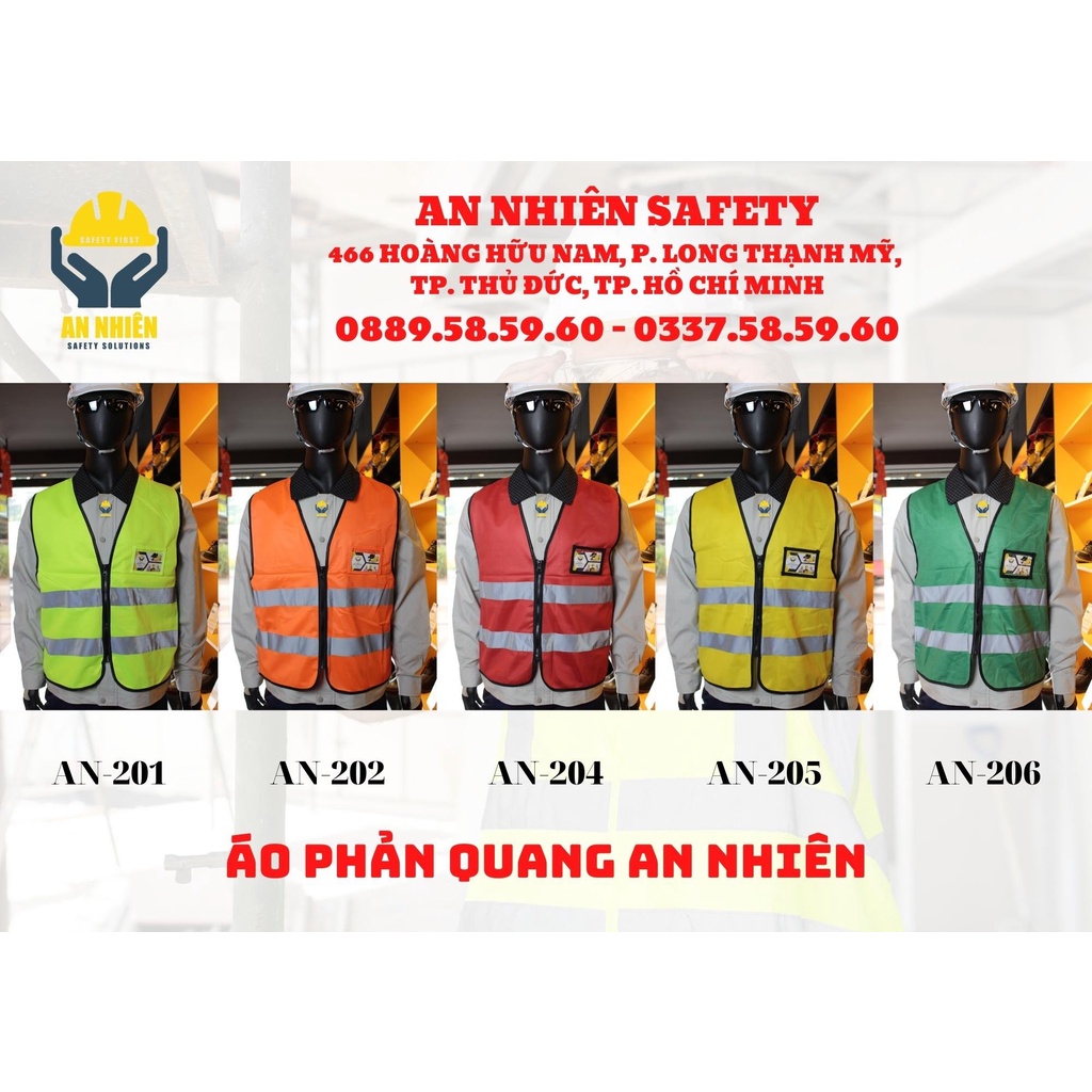 Áo phản quang, áo lưới bảo hộ lao động vải Polyester có phản quang trước sau, khóa kéo, túi đựng thẻ đầy đủ.