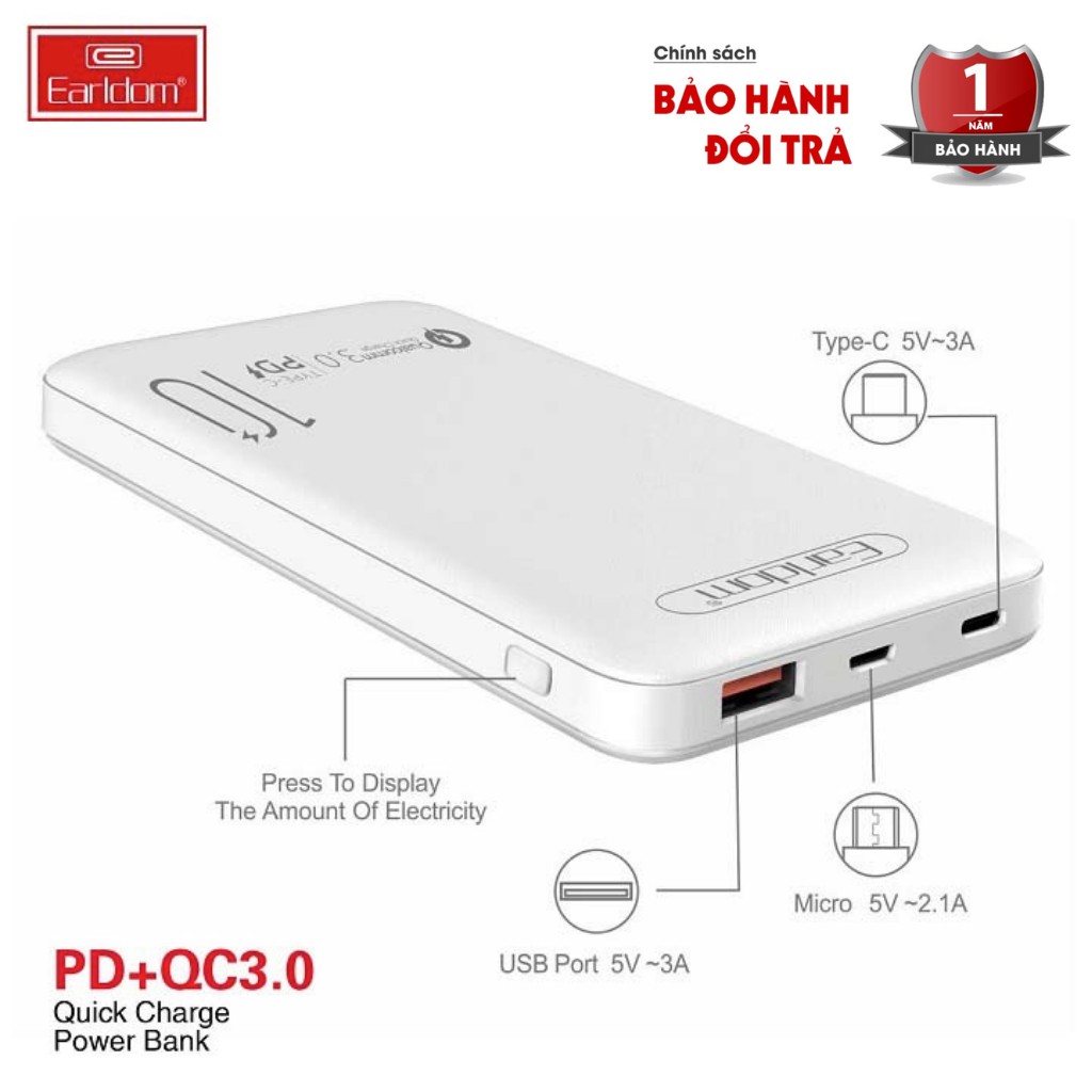 Sạc Dự Phòng 10000mAh Earldom PD02 Hàng Chính Hãng - BH Lỗi 1 Đổi 1