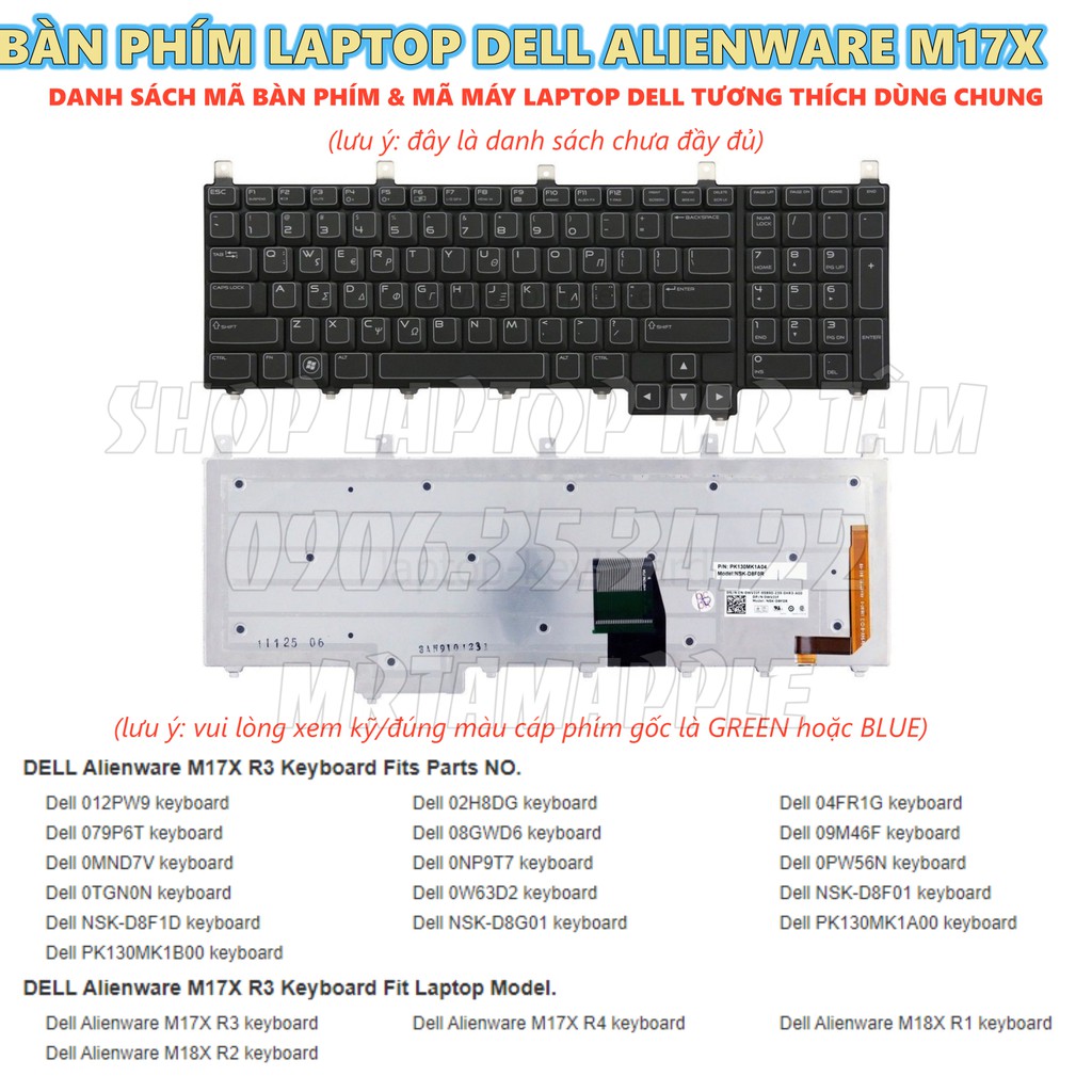 (KEYBOARD) BÀN PHÍM LAPTOP DELL ALIENWARE M17X (RENEW, BH 6TH) dùng cho Alienware M17X R1 R2 R3