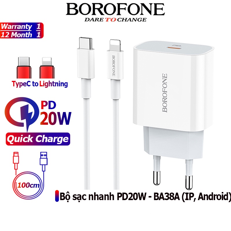 Bộ sạc nhanh PD20W BOROFONE BA38A Plus cổng USB-C, QC3.0 kèm cáp Type-C ra IP dài 1m - Chính hãng