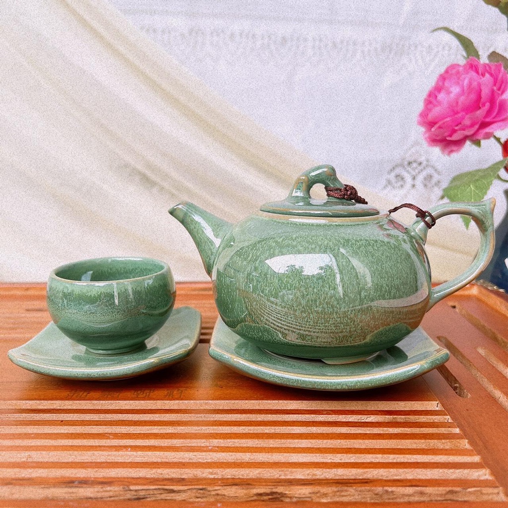 Bộ Ấm Trà ⚱ Gốm Sứ Bát Tràng ⚱ Bộ Ấm Chén Chóp Xanh Thiên Thanh Decor Cao Cấp Gomphuquy Ac91