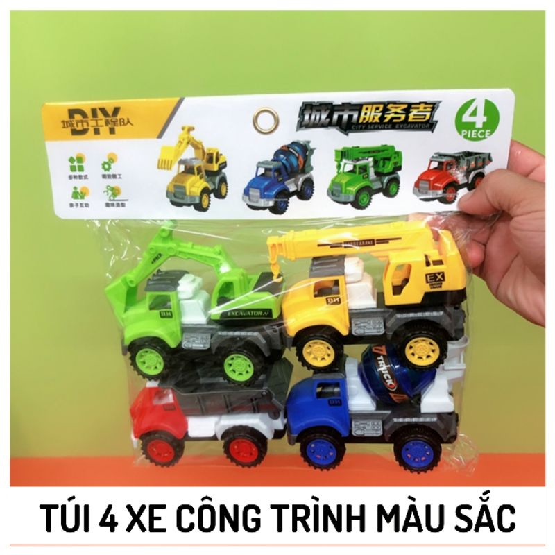 Xe ô tô đồ chơi, Túi 4 xe công trình nhiều màu sắc đẩy đà