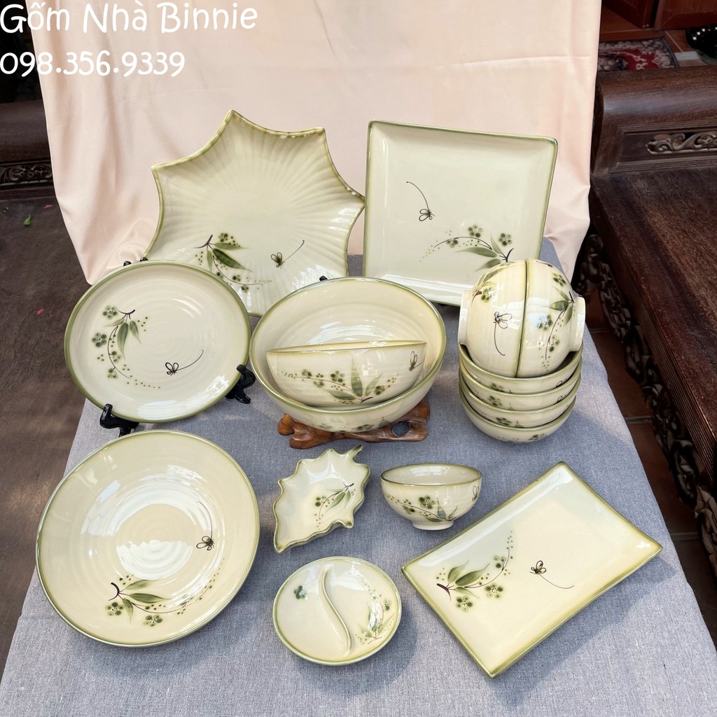 Bộ bát đĩa sứ Bát Tràng cho gia đình - Set 16 món - hoạ tiết hoa đào và chuồn chuồn