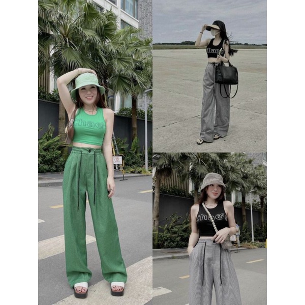 Set Áo Croptop Ba Lỗ Sát Nách Chaes Ôm Body Và Quần Dài Kẻ Ô Caro Ống Suông Rộng - Style Thể Thao Cá Tính Sexy
