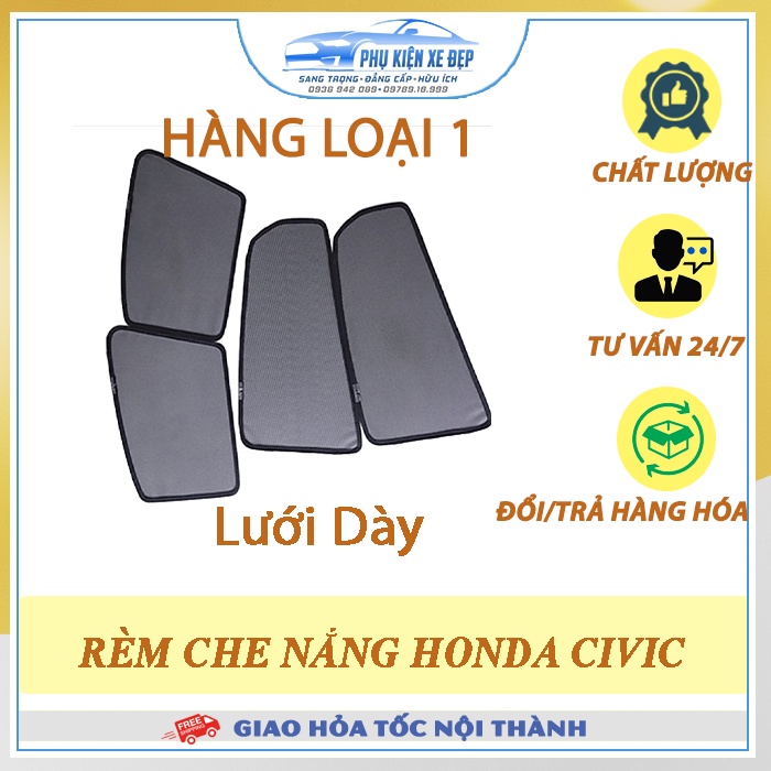 Rèm che nắng ô tô NAM CHÂM theo xe HONDA CIVIC ⚡ HÀNG LOẠI 1 - LƯỚI DÀY ⚡ - Combo 4 tấm chắn nắng - VIỆT NAM SẢN XUẤT