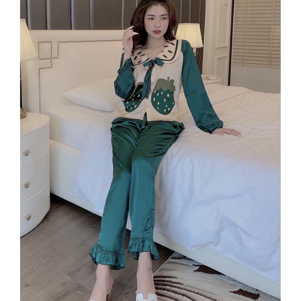 Đồ Bộ Pijama - Bộ lụa satin dài tay hoạ tiết Quả dâu chấm Cao cấp [FREE SHIP]