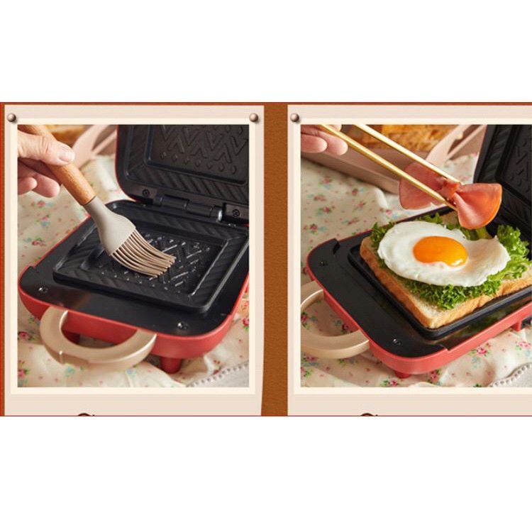 Máy nướng bánh mỳ kẹp sandwich BEAR B05N1 màu đỏ chấm bi dâu tây cao cấp 1 khay nướng liền