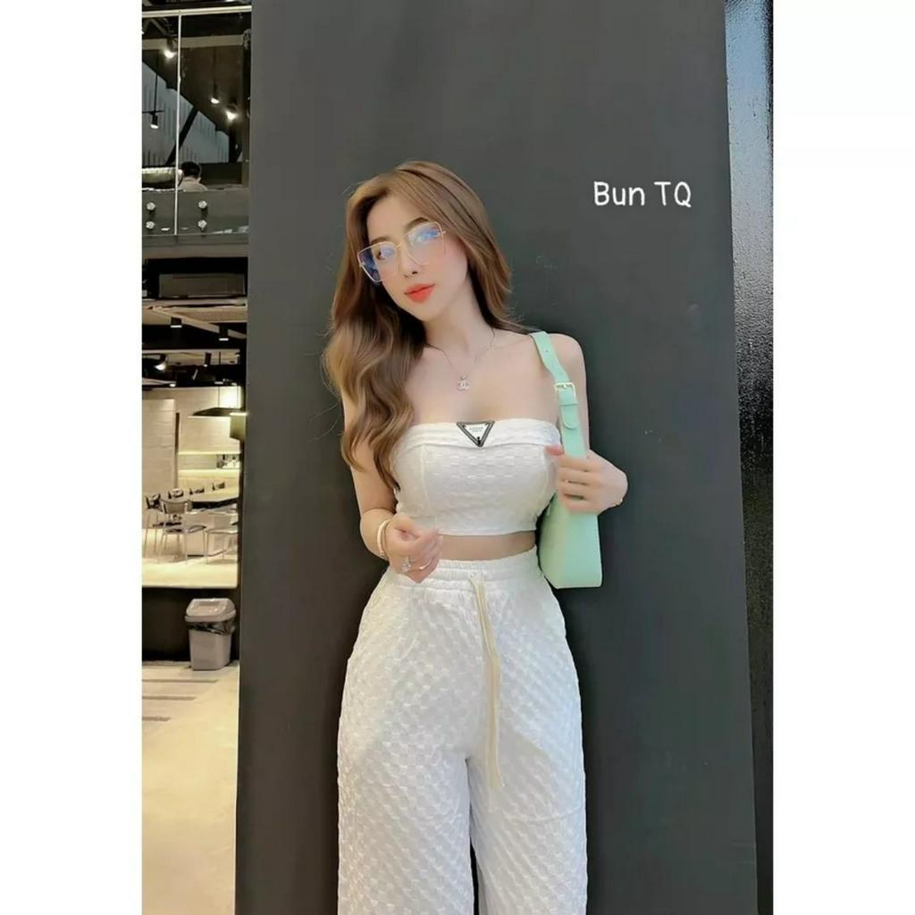 Set bộ hot girl chất gân nổi cao cấp sành điệu áo frop top quần lưng thun co dãn