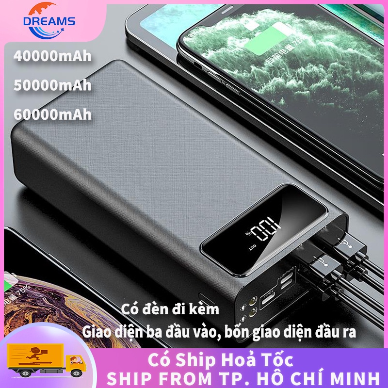 Sạc dự phòng 40000 mah 50000mah 60000mah 4 cổng sạc bị Tích hợp Led hiển thị Đèn Pin，dung lượng lớn， tiện lợi sự dụng