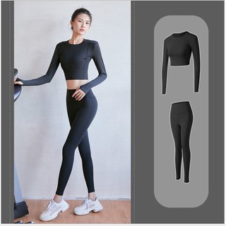 Bộ đồ tập gym nữ  2 món, bộ quần áo tập yoga tôn dáng nâng mông áo dài tay croptop và quần dài