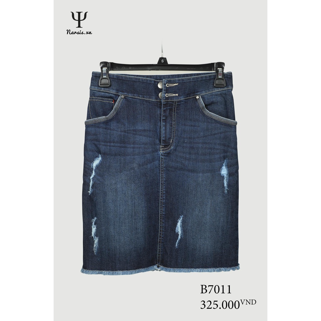 Chân váy bò nữ Narsis B7011 xước xanh đậm cúc đôi