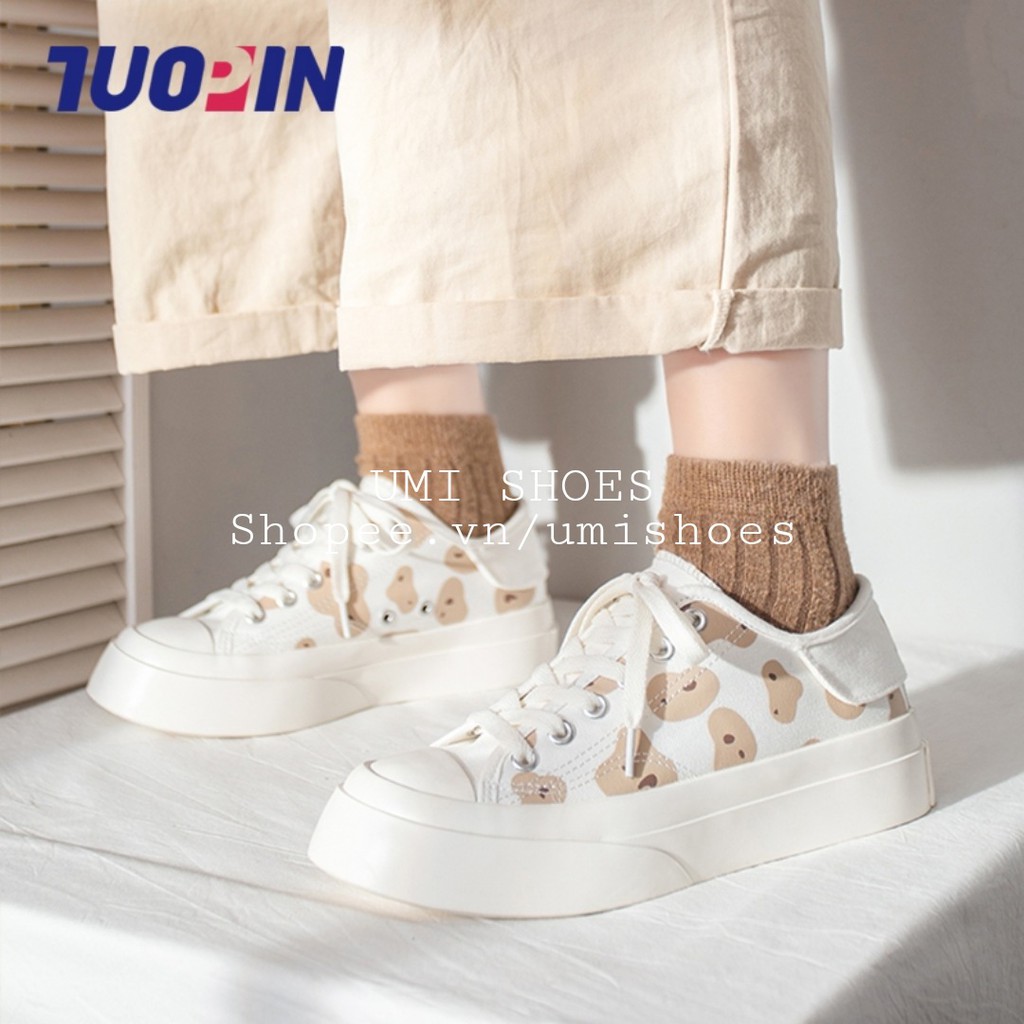 [MỚI VỀ-SẴN] Giày thể thao đế bằng cao 4cm hình gấu xinh buộc dây màu kem trắng đi học đơn giản năng động mới đẹp