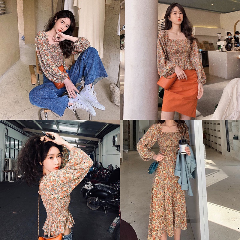 SUXI Áo Kiểu Tay Dài Cổ Vuông Dáng Ôm In Họa Tiết Hoa Phong Cách Cổ Điển Thời Trang Cho Nữ