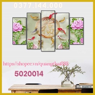 Bộ 5 Tấm Tranh treo tường Phong Thủy Hoa Mẫu Đơn Cá Chép Cửu Ngư Quần Hội Tụ phòng khách trang trí nhà cửa 5020014