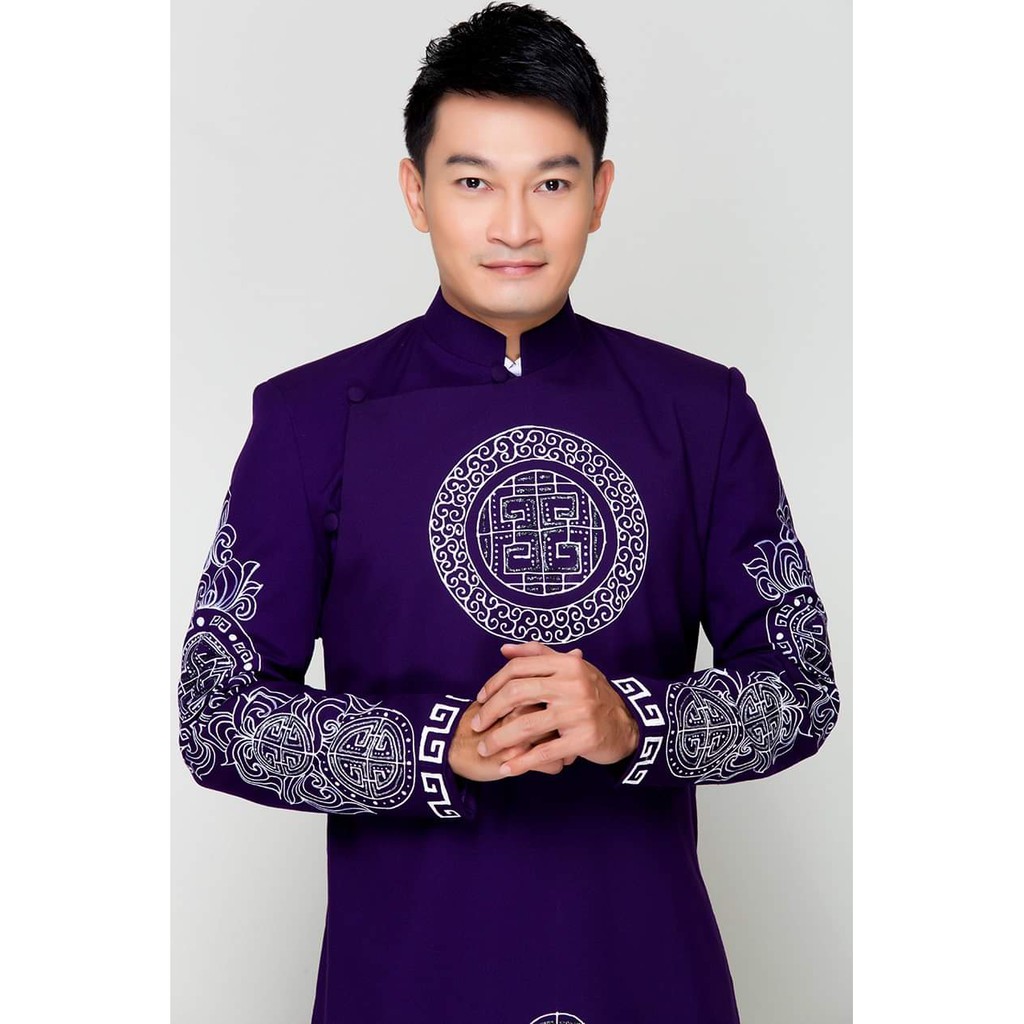 Áo dài cách tân nam màu tím trang nhã họa tiết vẽ tay độc đáo