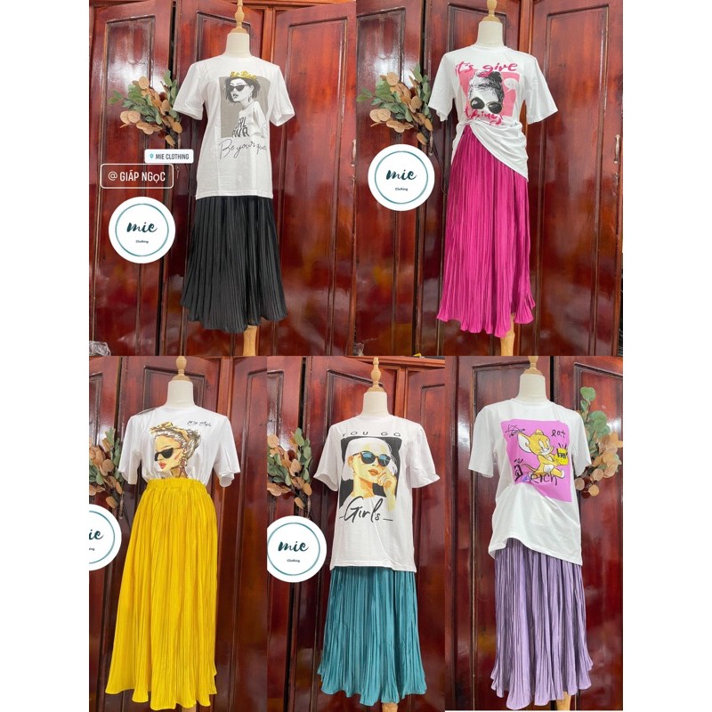 Set áo thun cô gái trắng mix chân váy xếp ly trendy quốc dân nhiều màu nổi hồng tím xanh vàng đen | BigBuy360 - bigbuy360.vn