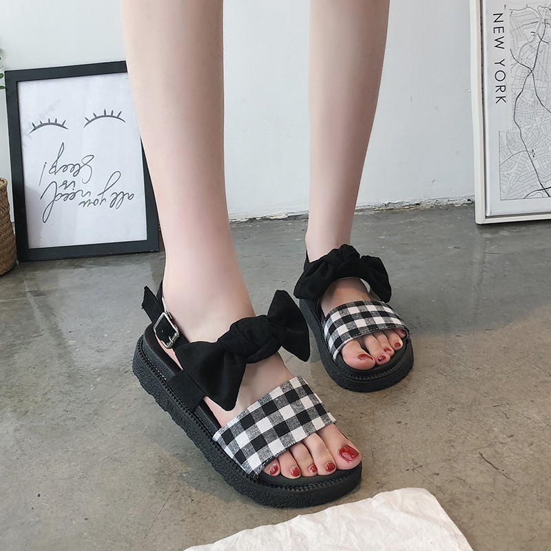 Giày sandal nữ đế bánh mì dây thắt nơ quai ngang sọc ca rô phong cách Hàn Quốc