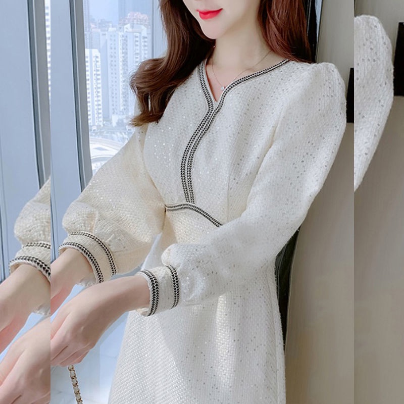 Tại Chỗ2021Mùa Thu Và Mùa Đông Sequin Tay Dài Nhỏ Váy Pháp Nhỏ Khí Nhỏ Tuổi Phụ Nữ Ăn Mặc