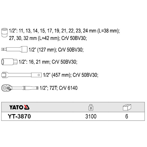Bộ tuýp tay vặn tổng hợp 1/2 inch 18 chi tiết Yato YT-3870