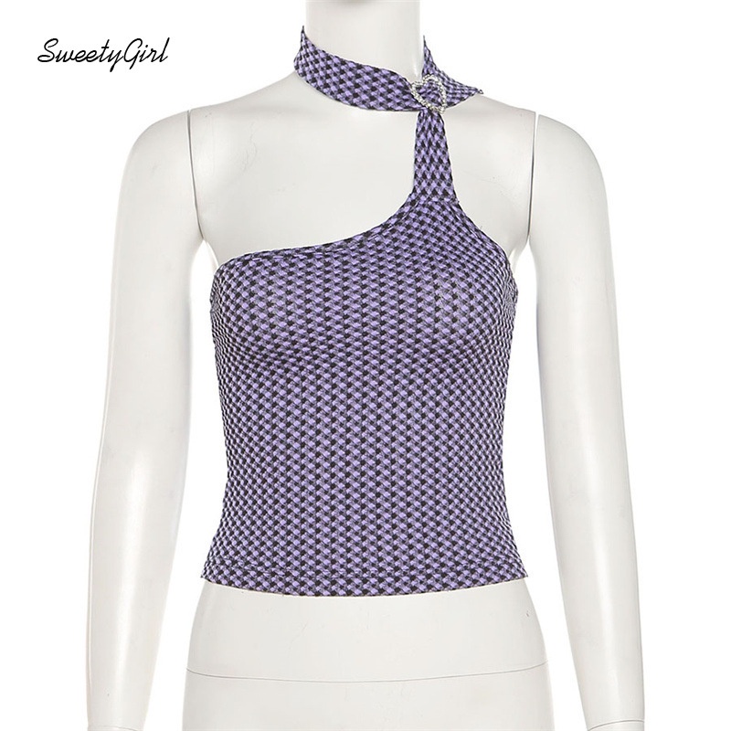 Áo lửng không tay dáng ôm hở lưng in họa tiết caro hợp thời trang cho nữ