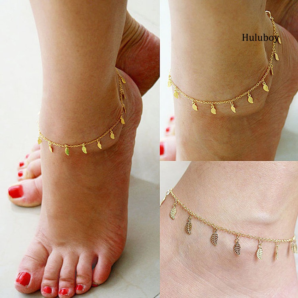 HLB~Sexy Simple Golden Tone Leaf Pendant Anklet Ankle Bracelet Chain Women Jewelry