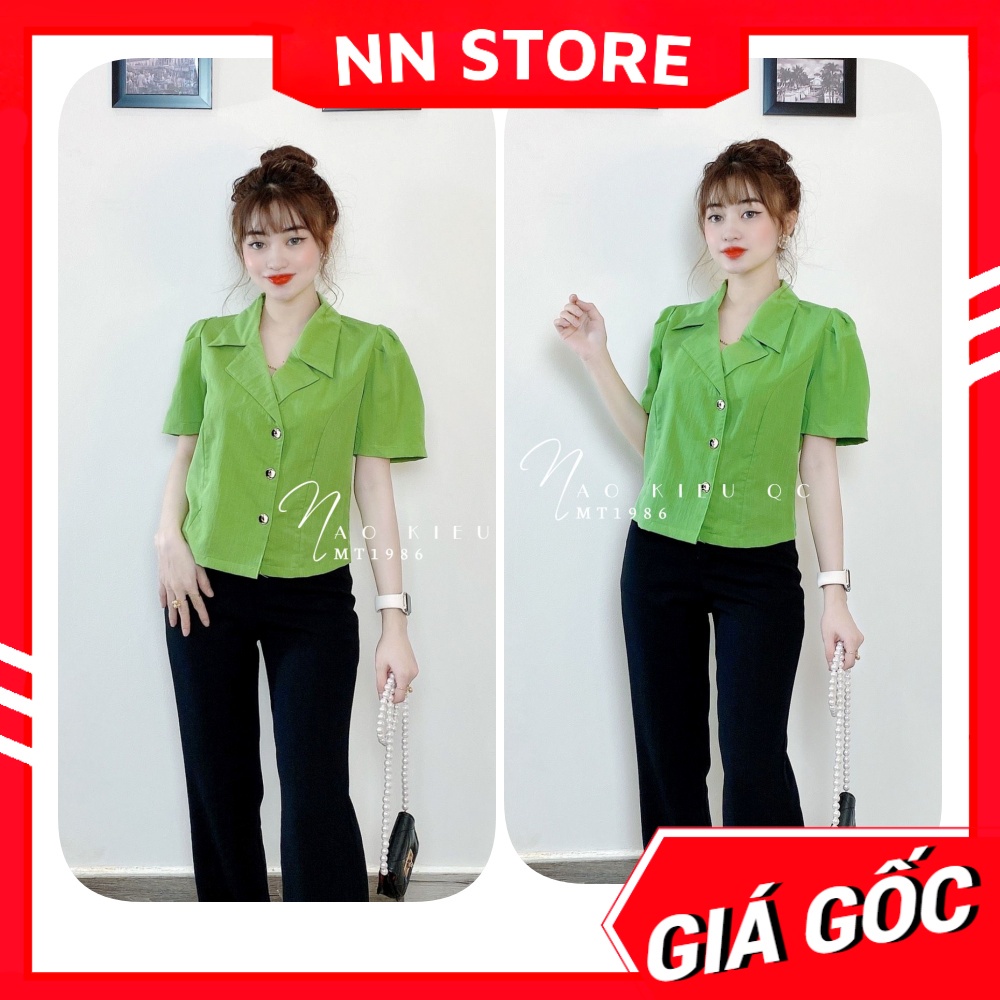Áo kiểu công sở nữ cổ vest phối nút phom ngắn dễ thương chất vải mềm mịn Áo kiểu dễ thương MT1986