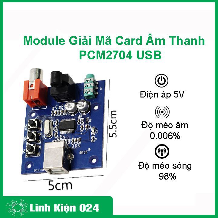 Module giải mã card âm thanh PCM2704 cổng USB điện áp 5VDC