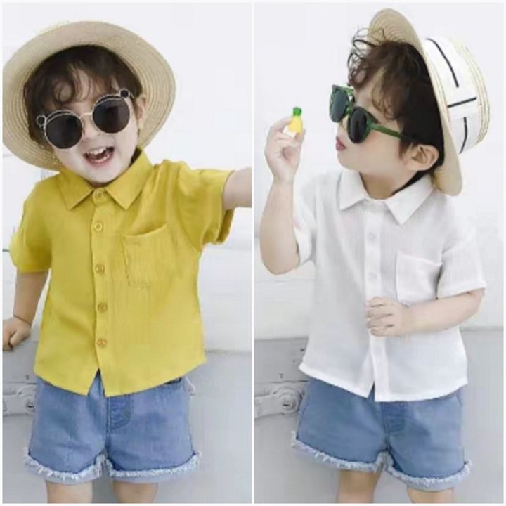 Áo sơ mi cho bé trai cộc tay in gấu dễ thương