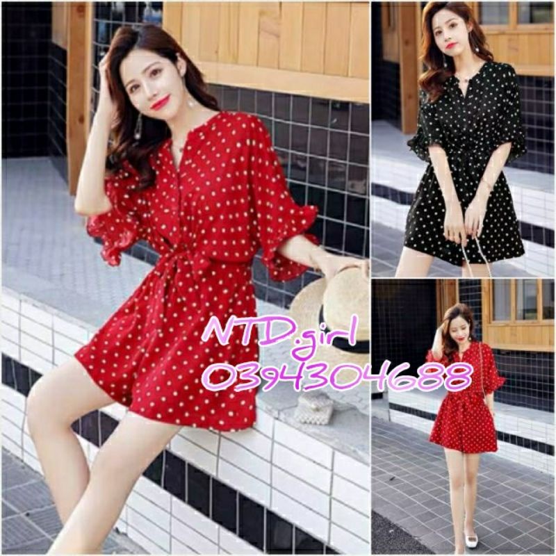 Jumpsuit ngắn ống rộng chấm bi, bộ jum đùi lụa thắt nơ - DTH
