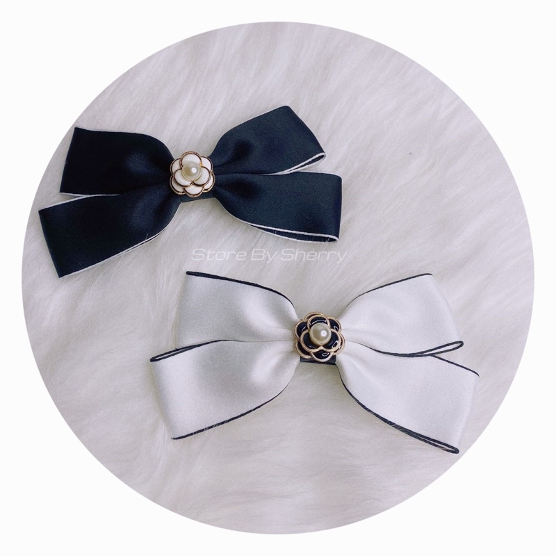 Kẹp tóc nơ kèm hoa trà size 15cm